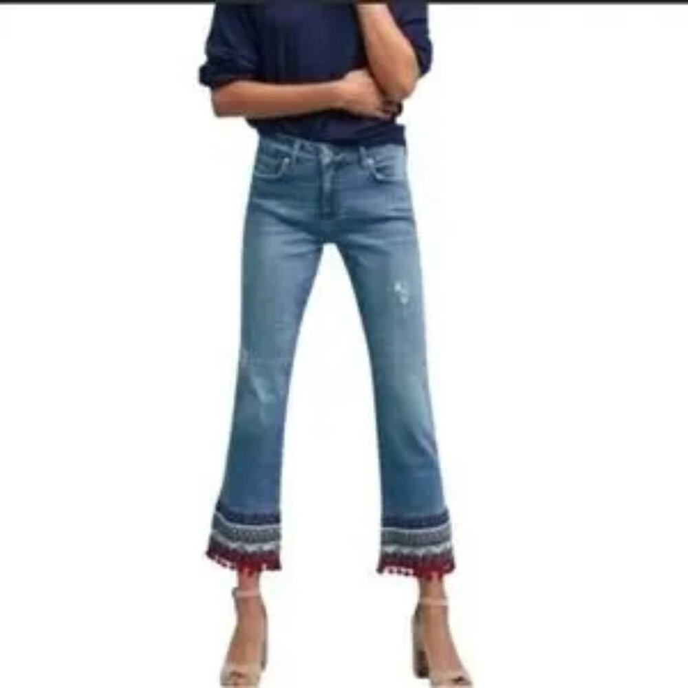 Anthro Pilcro and the Letterpress Distressed Embroidered Pom Pom Hem Jeans 27